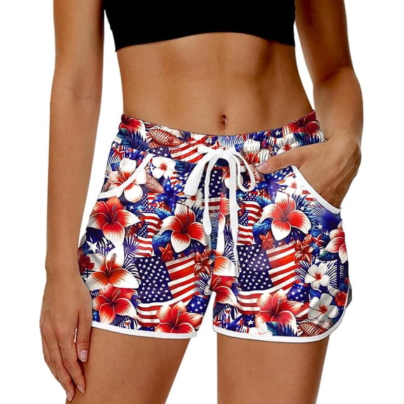 Women 4th of July Board Shorts Hawaiian Tropical Print Beach Swim Shorts with Pockets