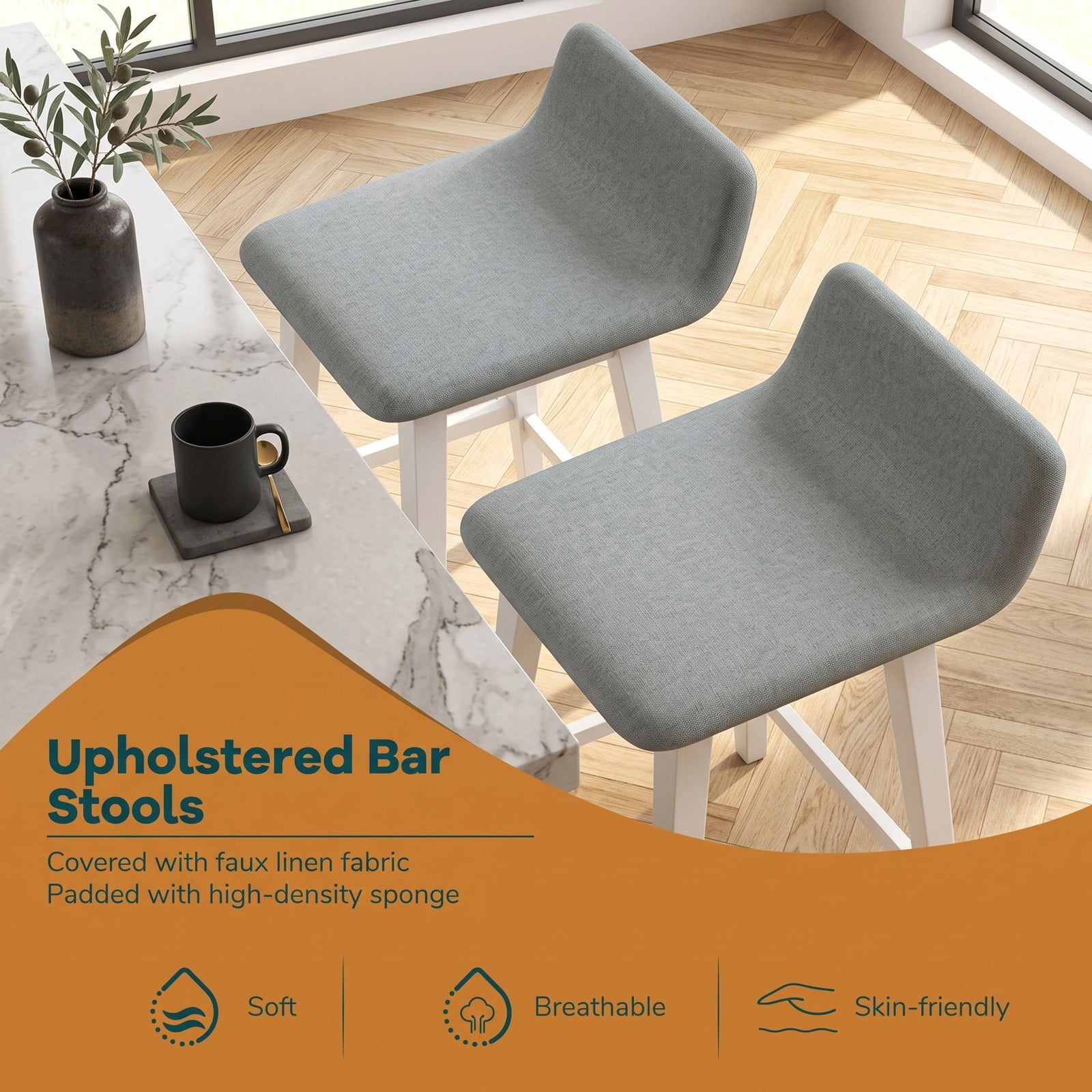 Furnibear 29 Inch Bar Stools Set of 1 Low-Back High-Top Chair with Padded Faux Linen Seat, Rubber Wood Legs and Built-In Footrest for Kitchen Dining Room Home, White
