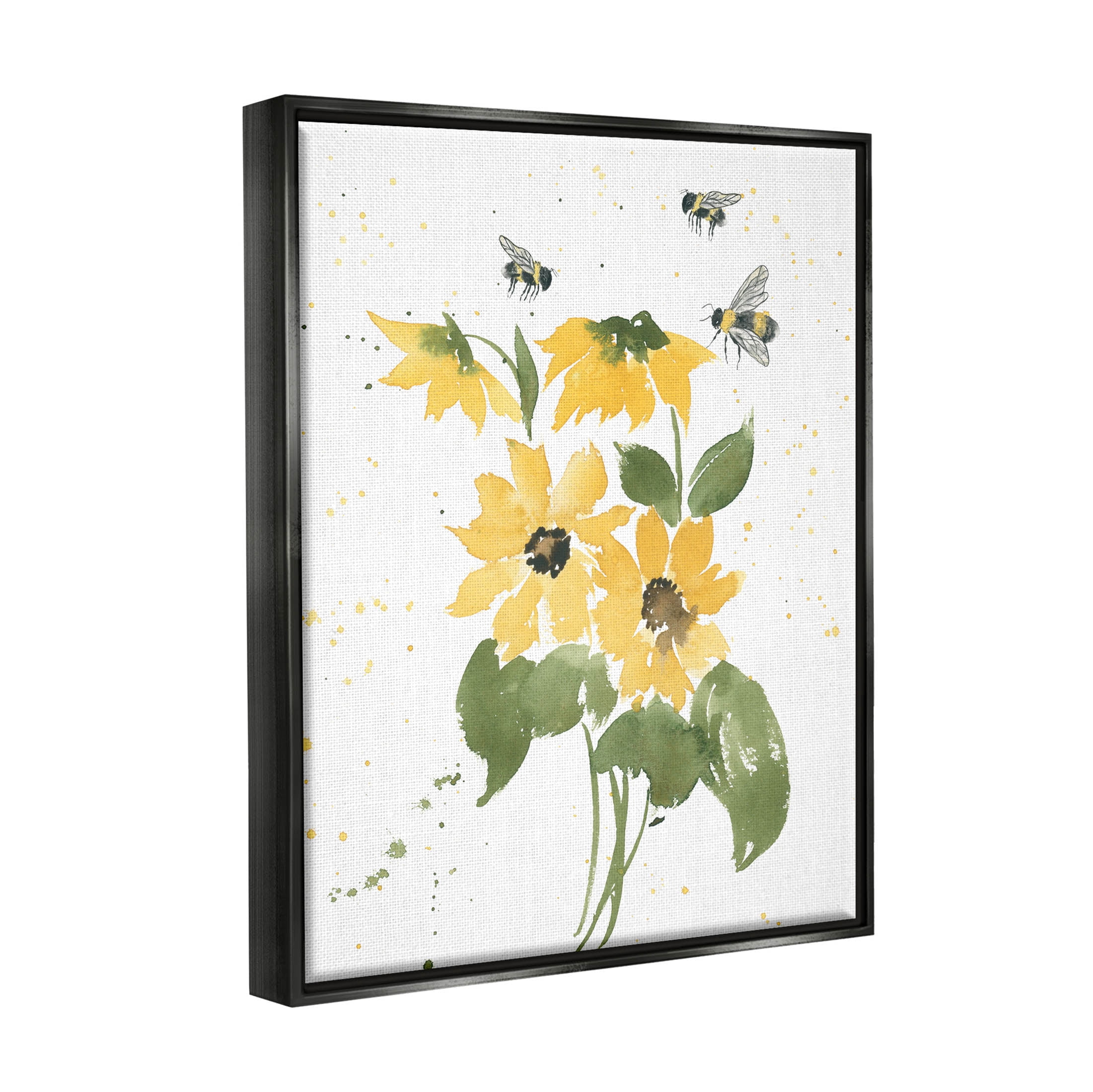 Stupell Industries Buzzing Bees Flower Blossom Graphic Art Jet Black Floating Framed Canvas Print Wall Art, Design by Lucille Price