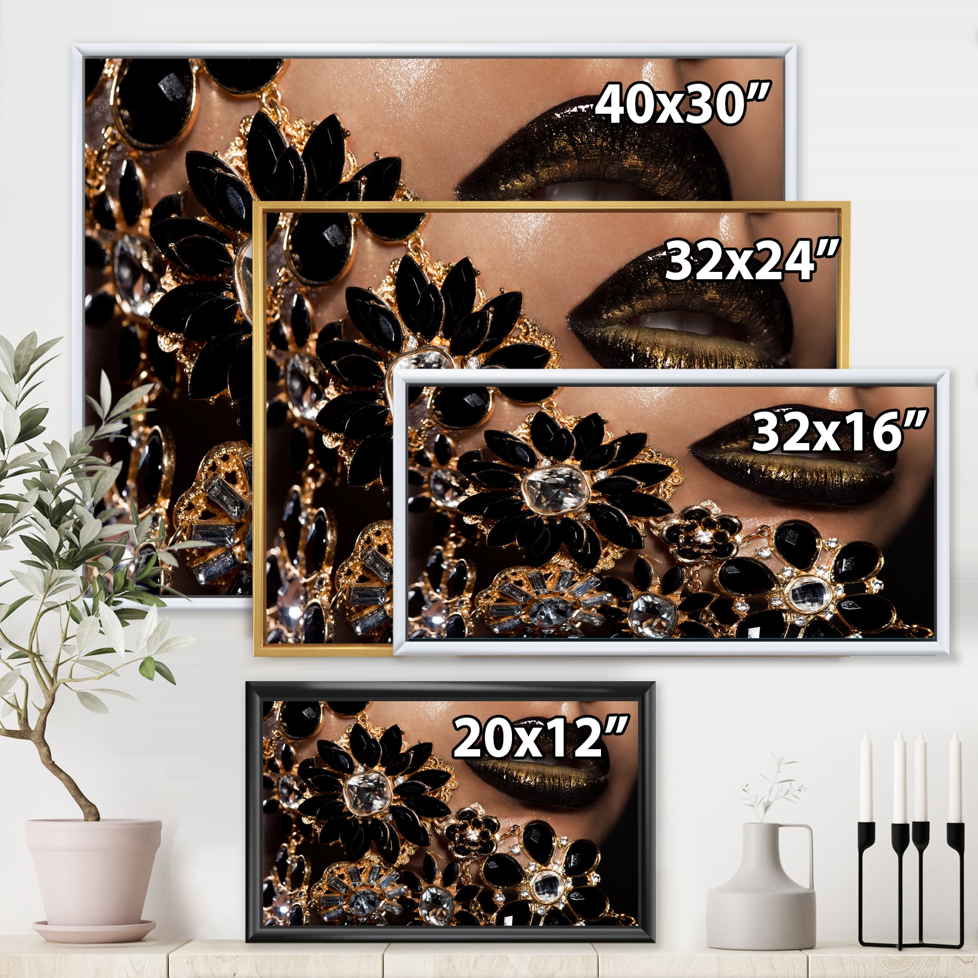 Designart 'Woman Lips With Golden Jewelry' Modern Framed Canvas Wall Art Print