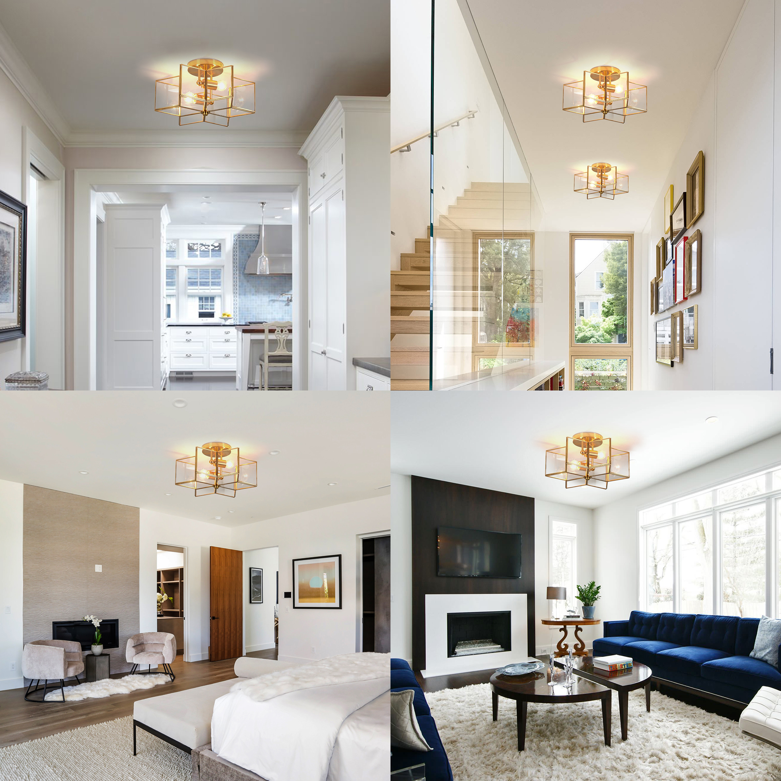 Meluaim Ceiling Light Fixture,  Flush Mount Ceiling Lamp with 2-Lights,Gold Hexagram Stra Shape, Brass Trim Craft
