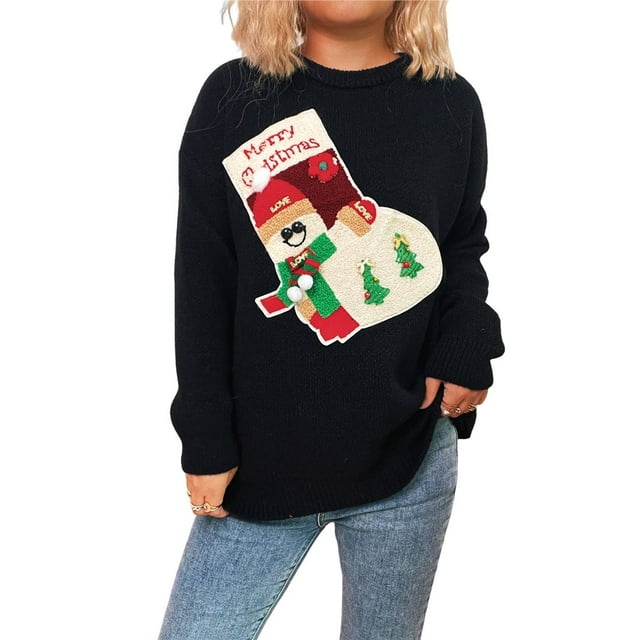 Suéteres Navideños Feos para Mujer, Suéteres Gráficos de Larga, Suéteres Casuales de Punto para Otoño e Invierno para Mujer Negro S