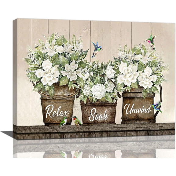 Farmhouse Flower Bathroom Decor Wall Art Rustic Hummingbird Floral Pictures Wall Decor Relax Soak Unwind Bathroom Sign Canvas Painting Prints Artwork Home Decorations Framed for Bedroom 16"x12"