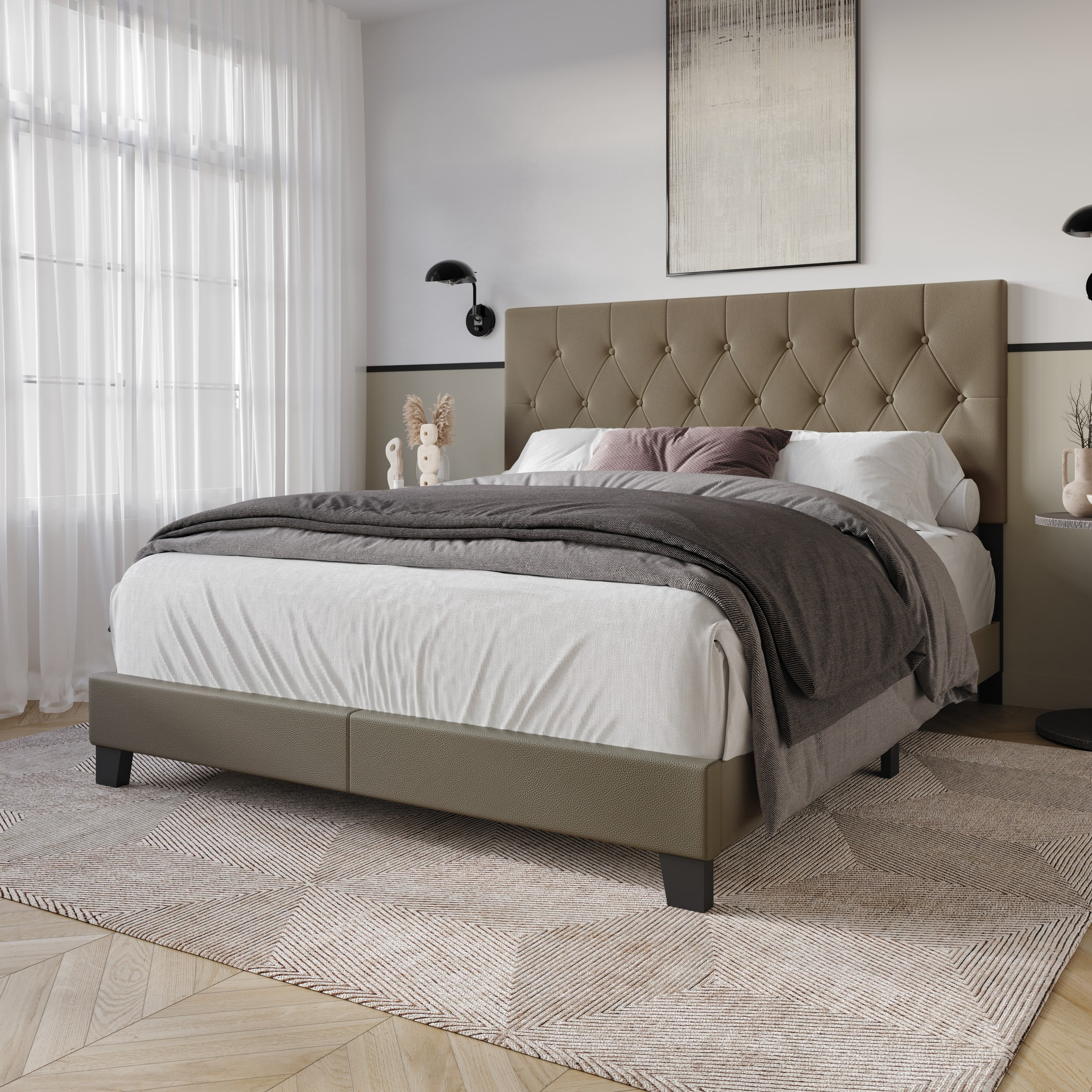 Home Design Omaha Queen Tufted Upholstered Panel Bed Frame, Gray Brown, Easy Assembly