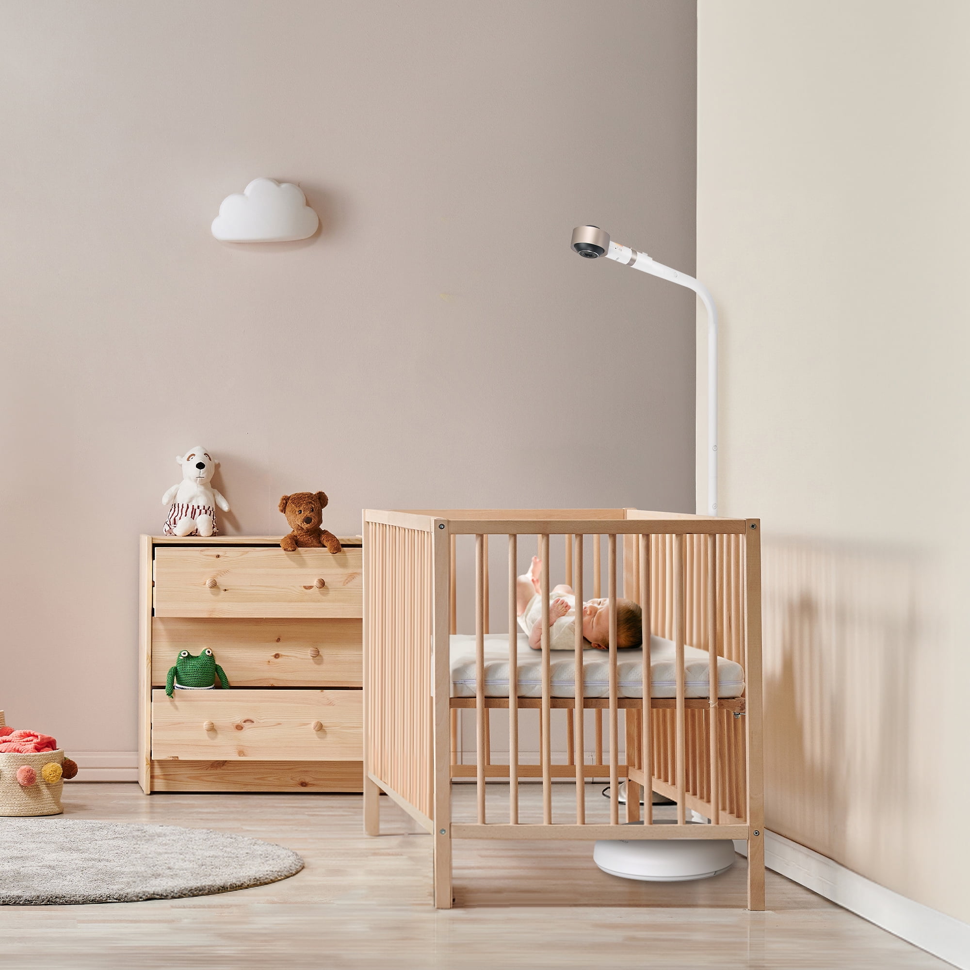VTech V-Care 1080p WiFi Smart Nursery Remote Access Over-the-Crib Floor Stand Video Baby Monitor with 5' High Definition 720p, Artificial Intelligence, Rollover and Face Covering Detection, VC1405