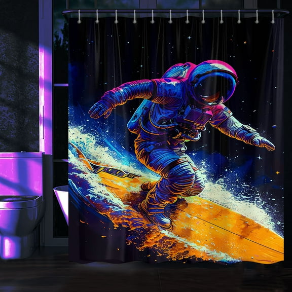 Blacklight Astronaut Shower Curtain for Bathroom, Cool Space Astronaut Kids Shower Curtain for Boys Bathroom, UV Reactive Galaxy Shower Curtain Set with Hooks 70X72IN