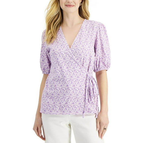 Charter Club Women's V-Neck Floral Wrap-Front Knit Top Size S