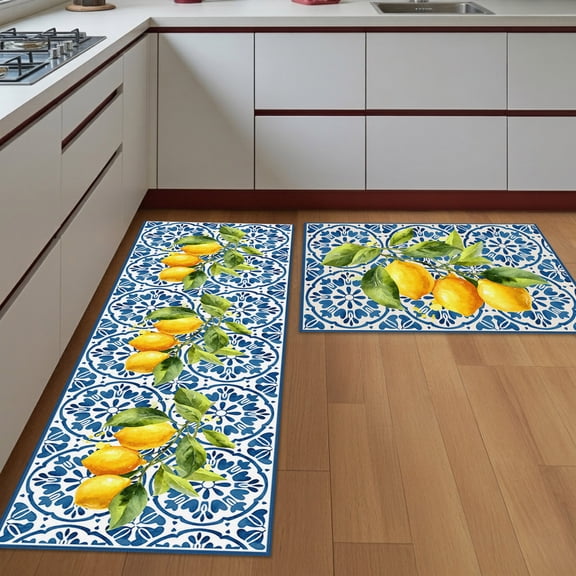 Kitchen Rugs Set of 2 Mediterranean-style Non Slip Washable Kitchen Mats for Floor Rustic Watercolor Yellow Lemons Decorative Runner Rug Set for Kitchen Floor, Laundry Room Bathroom Home Decor