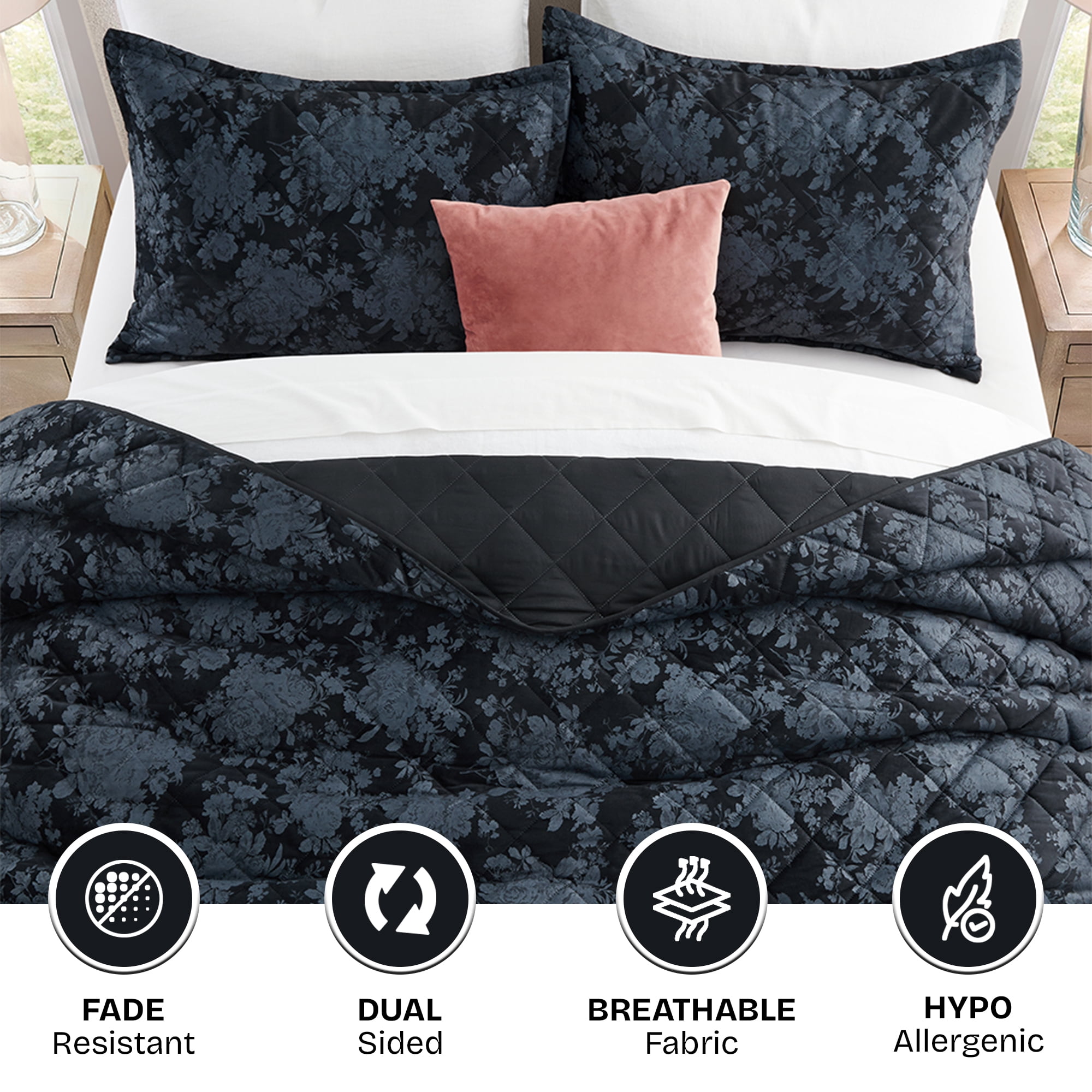 Ameha Luxury Velvet Quilt Floral Diamond Pattern 3-Piece Set Ultrasonic Embossed Bedding Set Ultra Soft Reversible Bedspread Queen Size Black
