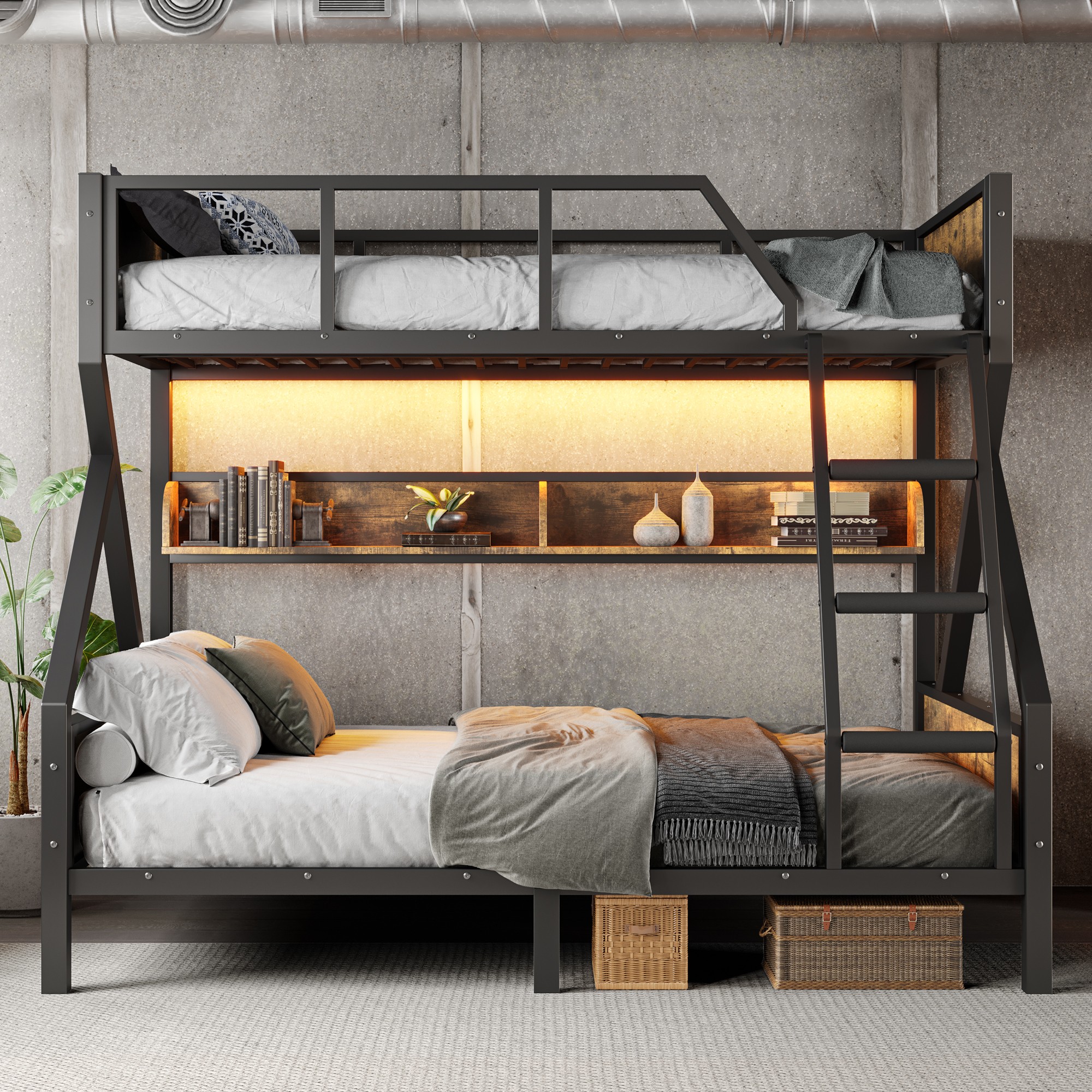 Aukfa Twin Over Full Metal Bunk Bed with Storage Shelves & LED Lights, Heavy-Duty X-shape Frame for Kids & Adults, Space-Saving, Black