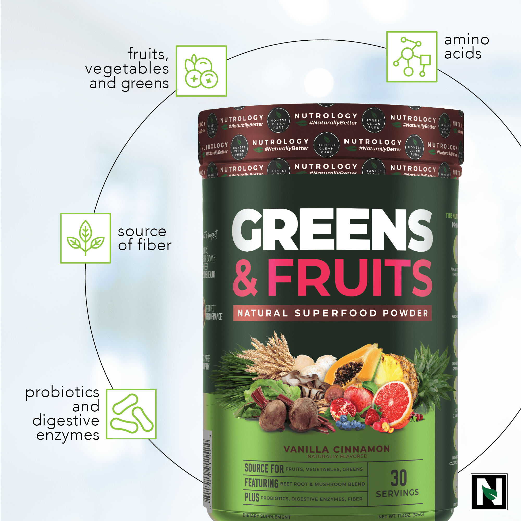 Nutrology's Greens & Fruits-Naturally Sourced Fruits, Vegetables, Greens, Beet Powder & Mushroom Blend-Probiotics, Digestive Enzymes, Fiber, Immune Support - Vanilla Cinnamon-30 Servings