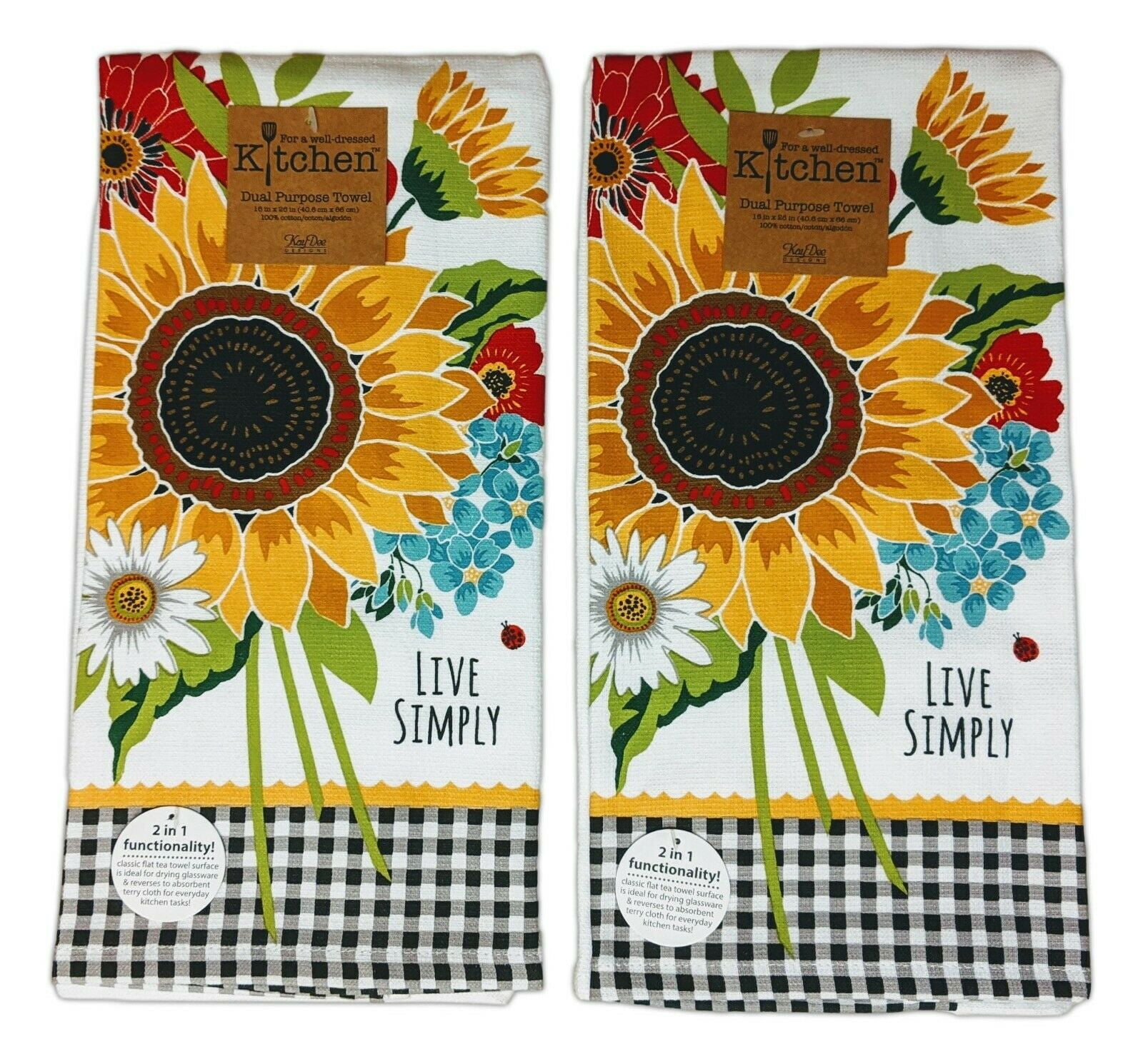 2 HANGING KITCHEN TOWELS LIVE SIMPLY.SUNFLOWERS IN CANNING JARS 