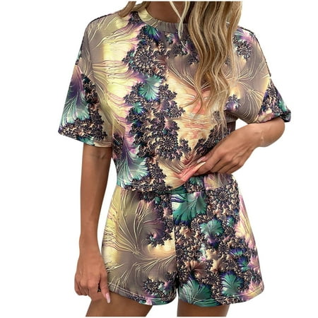 

2 Piece Casual Outfits Lounge Wear Pajamas Set 2023 Fashion Clothes Summer Vacation Women s Fashion Printed T-shirt Round Neck Short Sleeve Shorts Set Beige XL
