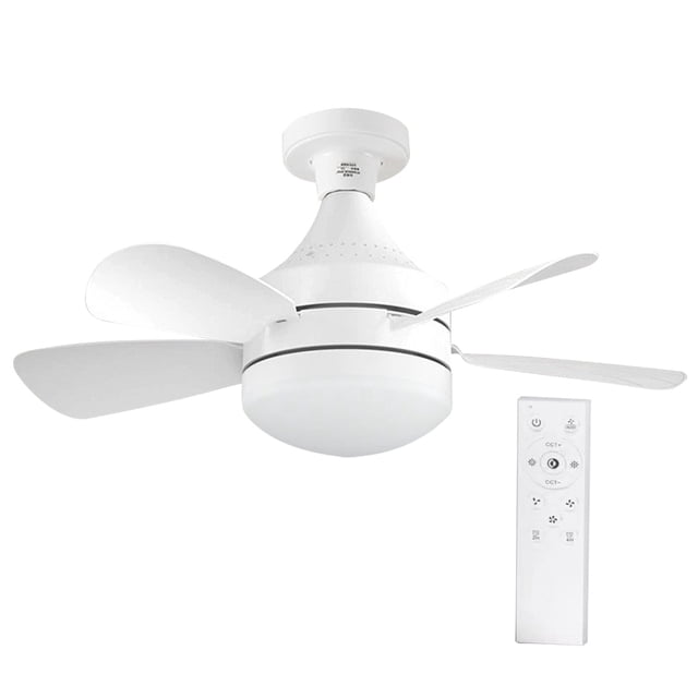 ventilador de techo con luz led mini ventilador de techo regulable de 10,9 pulgadas para pasillo de dormitorio vista frontal centrada de ventilador blanco de 28 cm con cinco aspas plegables, cúpula LED integrada y base E27; control remoto blanco a la derecha, cuerpo de plástico liso, montaje en techo, adecuado para pasillos y dormitorios y a menudo usado como regalo para el hogar.