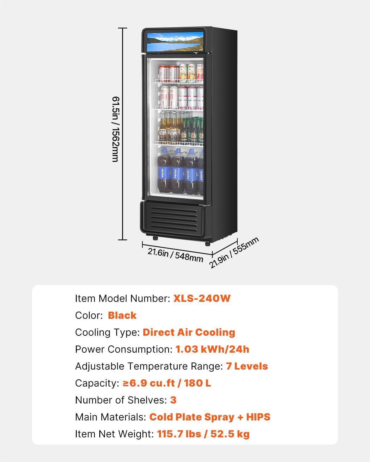 Commercial Merchandiser Refrigerator 6.9 CU.FT Glass Door Beverage Cooler with LED Display – Perfect for Stores & Restaurants