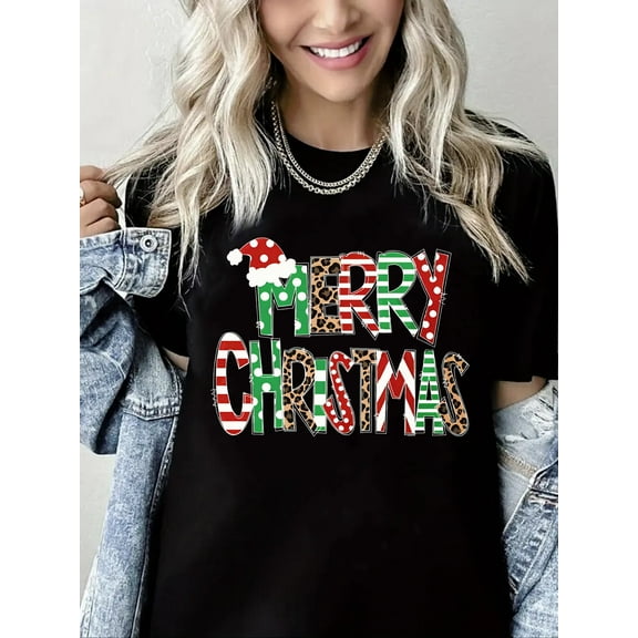 Merry Christmas Graphic T-Shirt Short Sleeve Shirt for Women Black Top