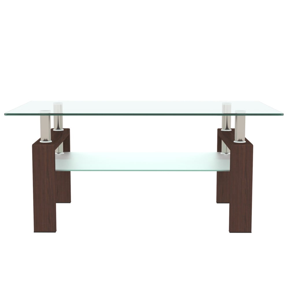 38.6" Rectangle Glass Coffee Table, Clear 2-Tier Center Table with Walnut Iron Frame, Modern Side Table for Living Room, Office, Apartment, 220 lbs Capacity