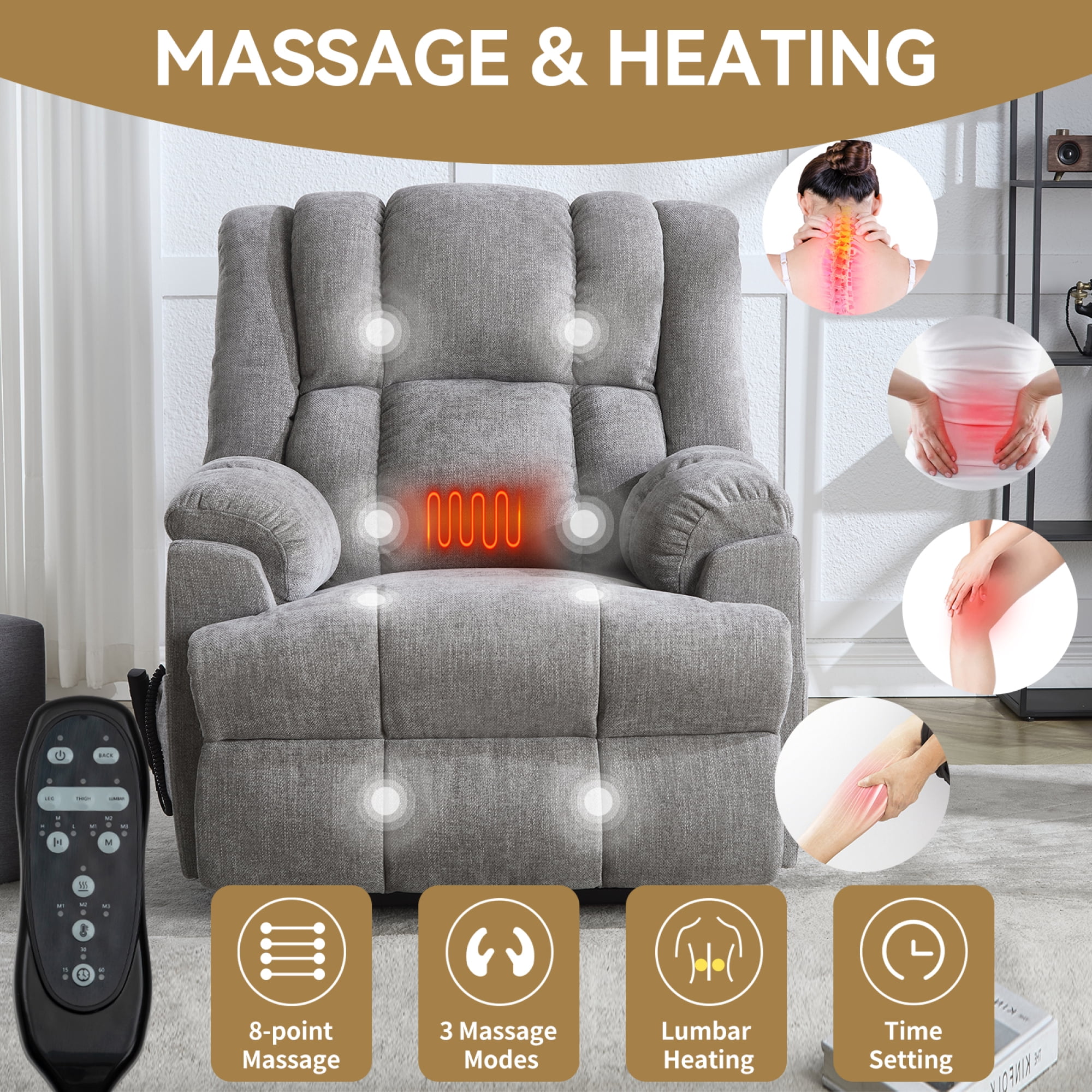 Leumius Large Power Lift Recliner Chair for Elderly,Heavy Duty Dual Motor Chenille Electric Recliners Chair with Massage and Heat for Living Room,Light Gray