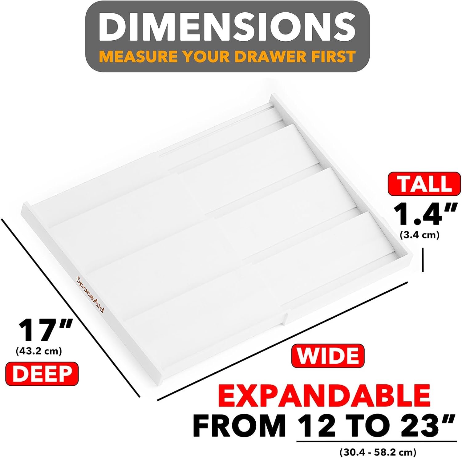 SpaceAid Bamboo Spice Drawer Organizer, Expandable, from 12" to 23" Wide (Need 3" Deep Drawer, Jars Not Included), White