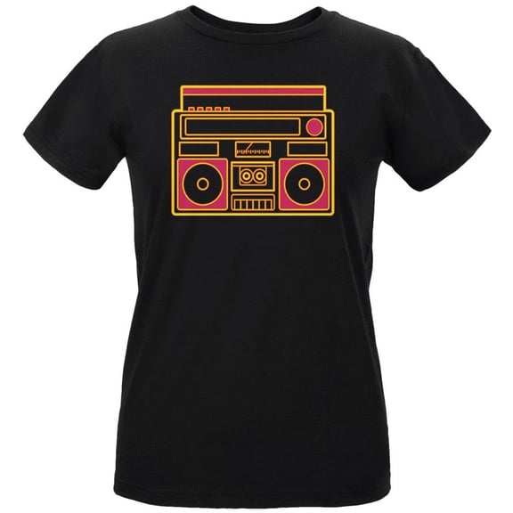 Retro 80s Neon Sign Boombox Womens T Shirt Black LG