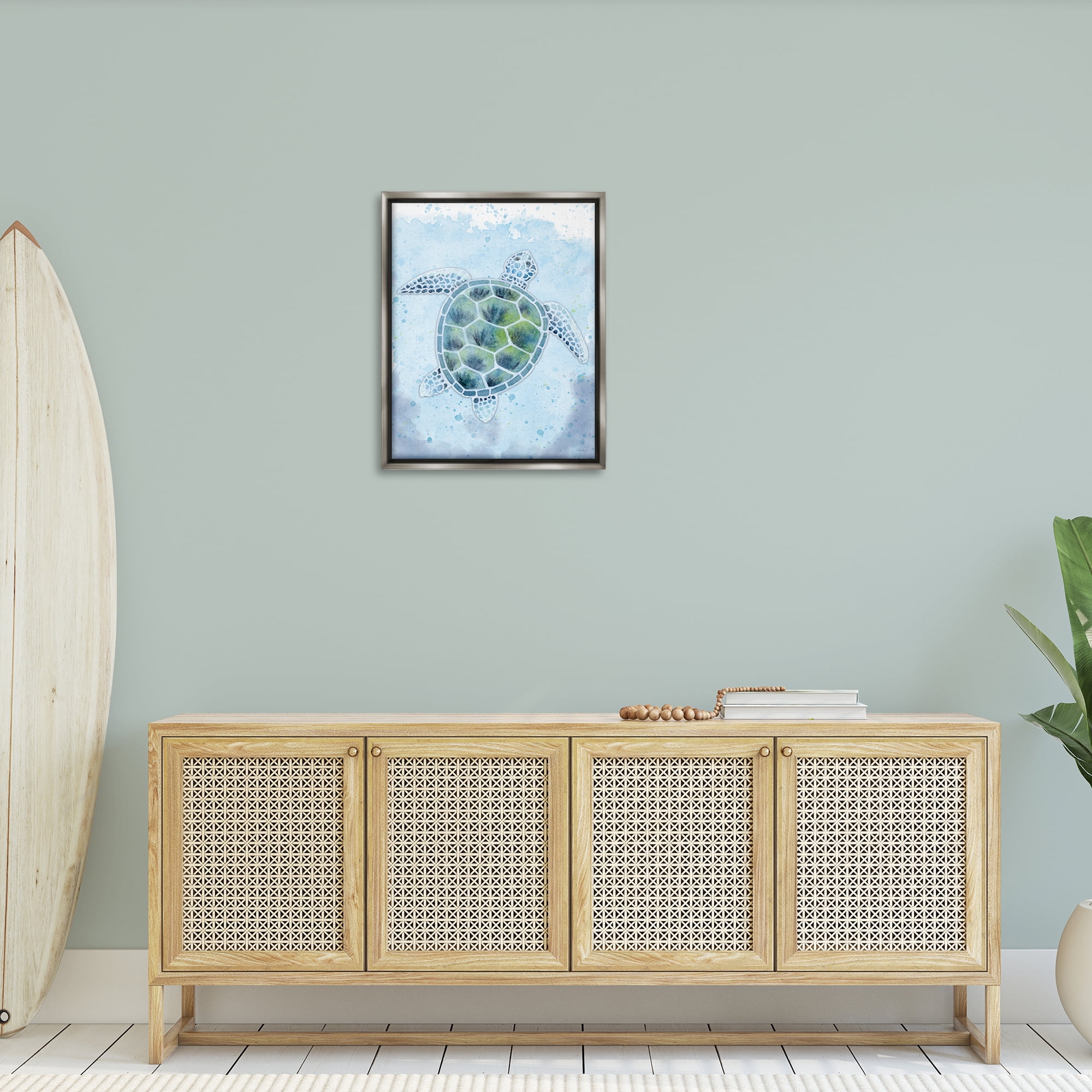 Stupell Industries Stained Glass Turtle Nautical & Beach Painting Gray Floater Framed Canvas Art Print Wall Art, 25 x 31