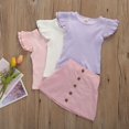thumbnail image 1 of Kid Baby Girl Summer Clothes, Basic Plain Ruffle Sleeve Knit Top + Button Skirt 2 Piece Outfit Set, 1 of 5