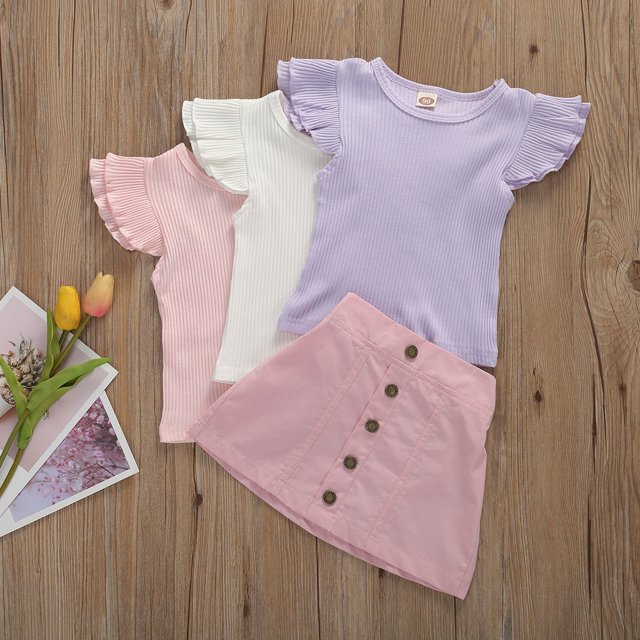 Kid Baby Girl Summer Clothes, Basic Plain Ruffle Sleeve Knit Top + Button Skirt 2 Piece Outfit Set