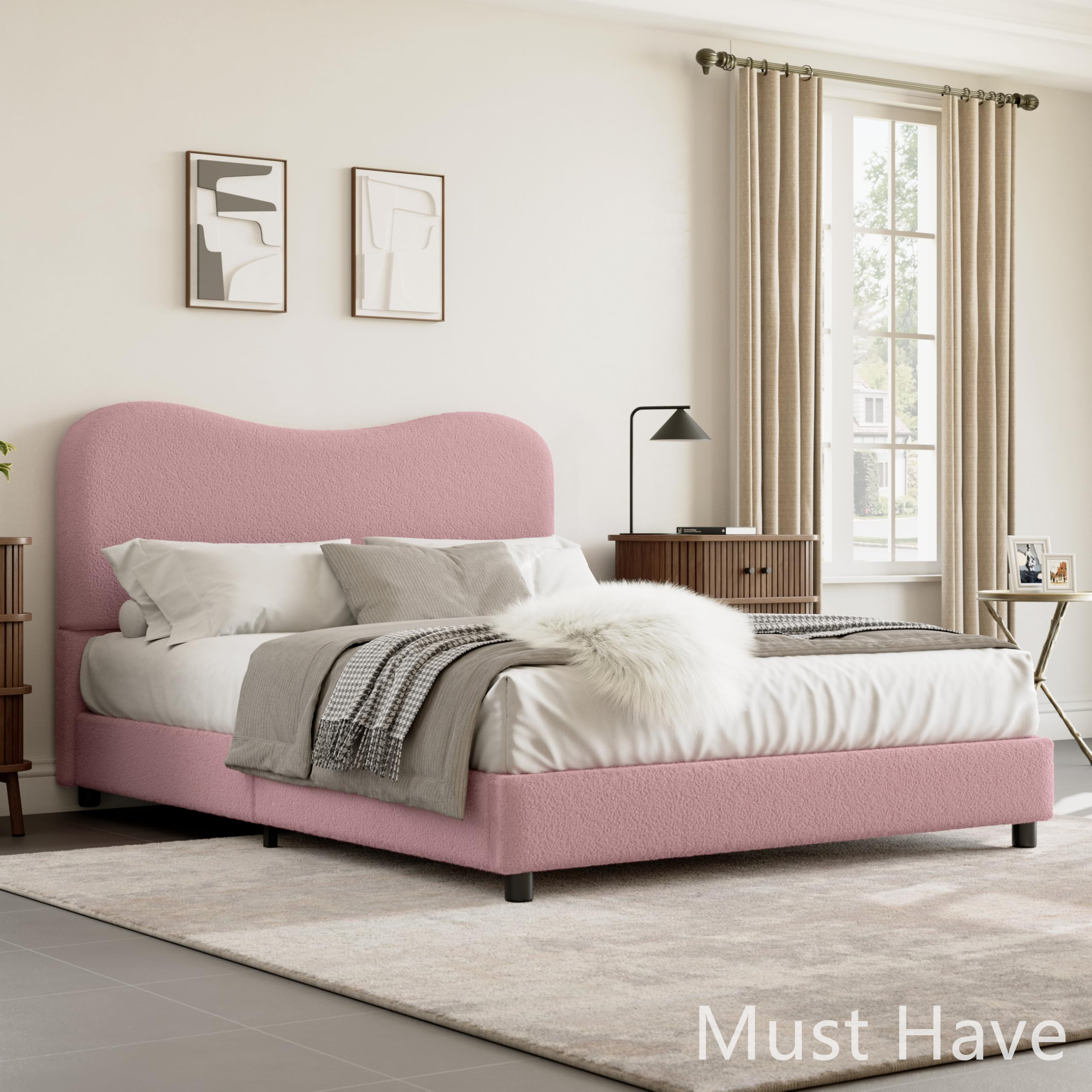 Jojoka Modern Full Bed Frame Upholstered in Soft Boucle Fabric, Sturdy Wooden Slats, No Gap Headboard, Easy Assembly, No Box Spring Needed, Pink