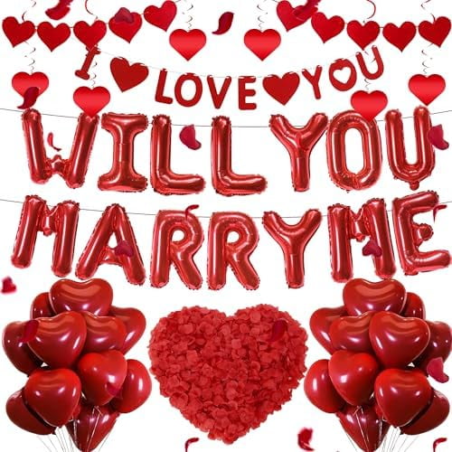 Will You Marry Me Balloons - 546 Pcs Red Heart Balloon Banner Hanging Swirls Pull Flag Rose Petals Valentines Day Decorations For Engagements Wedding Proposals Romantic Special Night Decorations