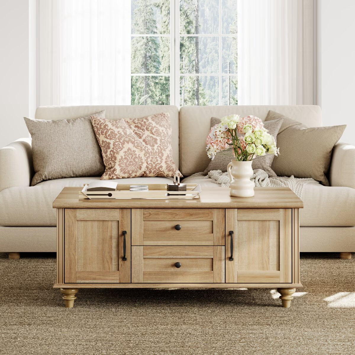 Farmhouse Wooden Coffee Table for Living Room, Rectangle Coffee Table with Drawers, Oak