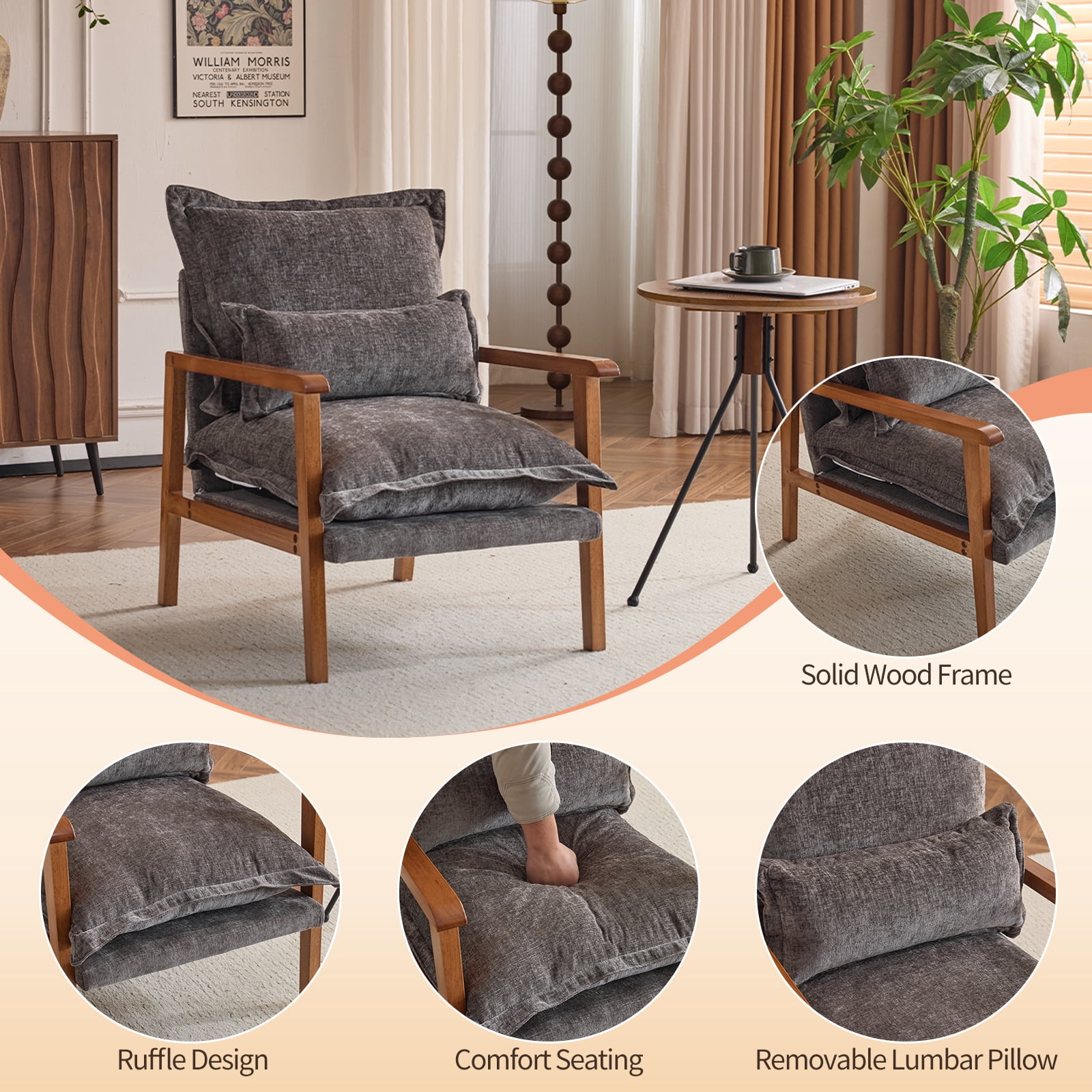 Cloud Shaped Indoor Leisure Chair with Solid Wood Armrest & Frame, Chenille Fabric Accent Chair with Lumbar Pillow, Dark Grey