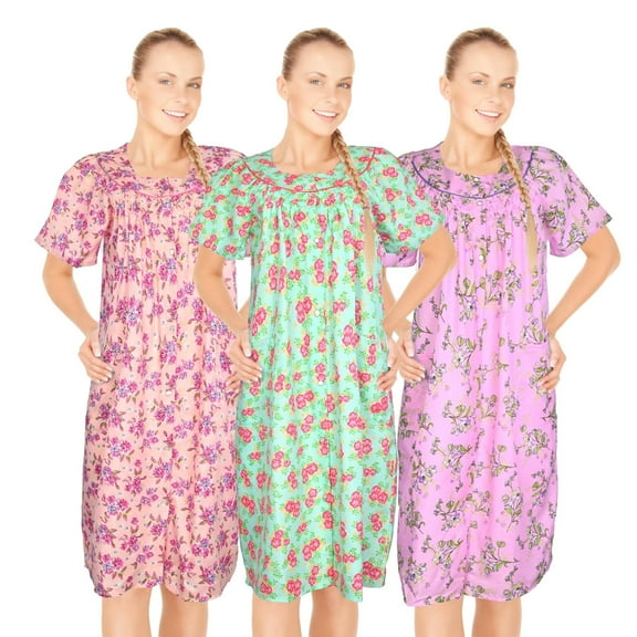 JEFFRICO 3 Pack House Dresses for Women with Pockets - Lightweight Breathable Short Sleeve Muumuu & Nightgowns - Snap Front Housecoat and Dusters for Women