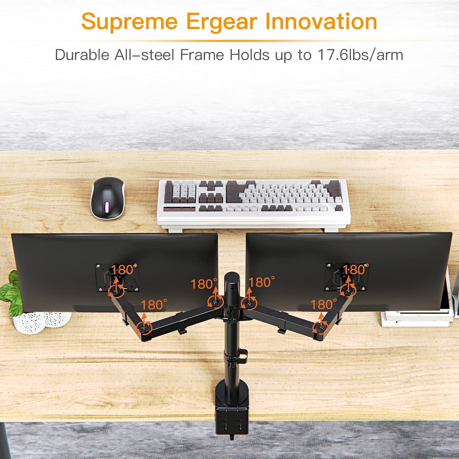 Dual Monitor Stand for 13 to 32 Inch Screens, Desk Mount with C-Clamp, Each Arm Holds 17.6 lbs, Double Monitor Mount Full Motion Adjustability for Height, Swivel, Tilt, and Rotation, Max 100x100mm