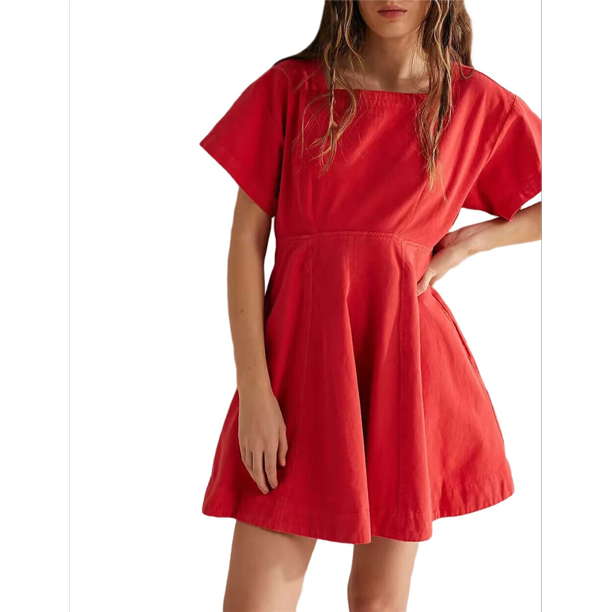 Vestido de Mujer con Mangas Abullonadas, Cuello Cuadrado, Lazo en la Espalda y Cremallera, Rojo L