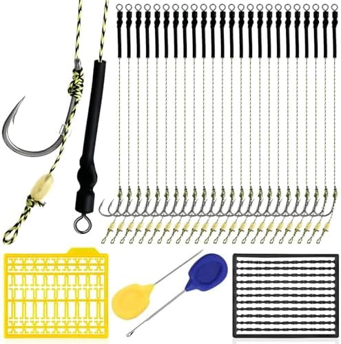 WLIKKS Carp Fishing Hair Rigs - 24 Pcs High Carbon Steel Curved Barbed Hooks with Swivels and Boilies