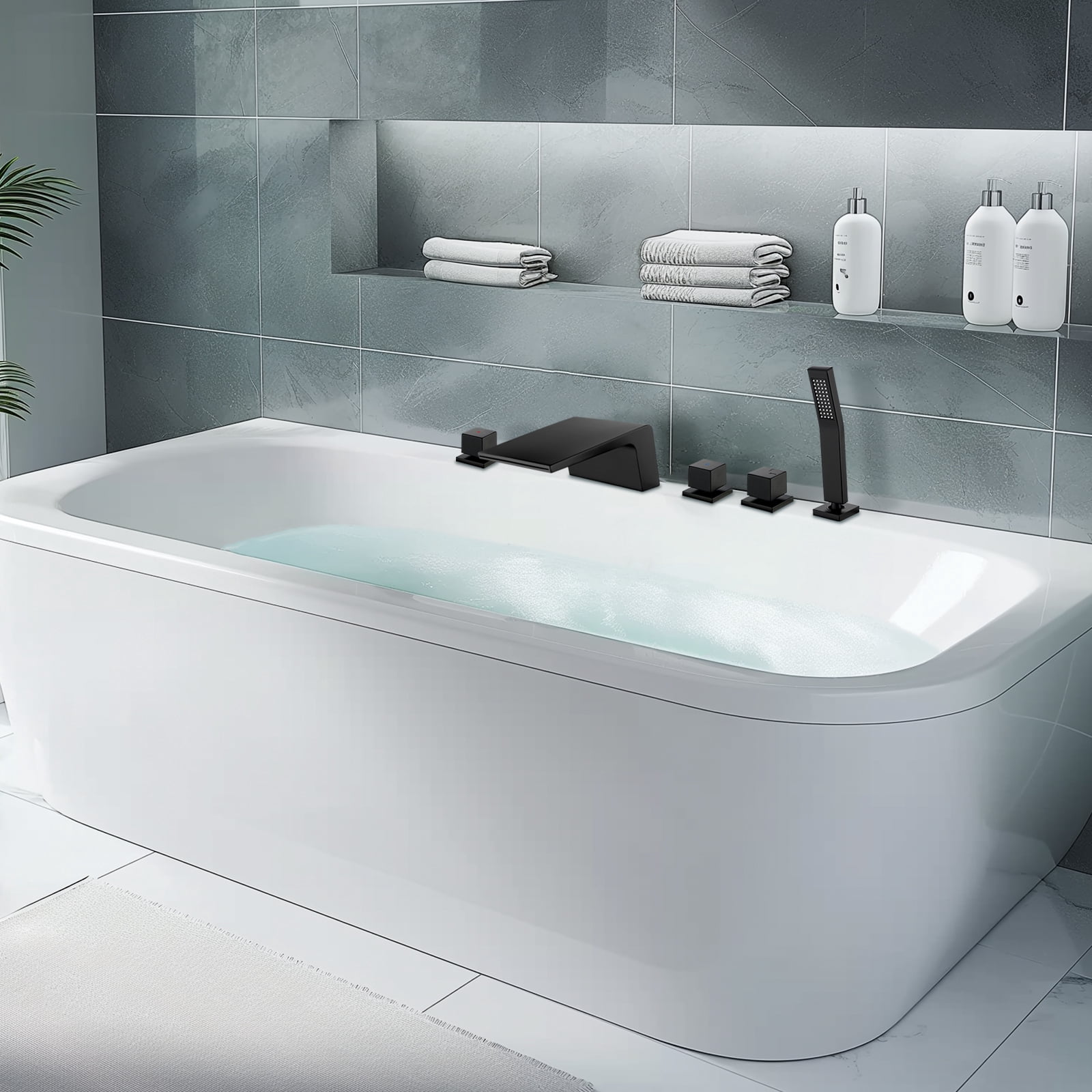 Cobbe 5-Hole Mount Bathroom Bathtub Fauce with 2 Switches, 1 Diverter Knob, 7.09-Inch Wide Tub Spout and Hand Shower Matte Black