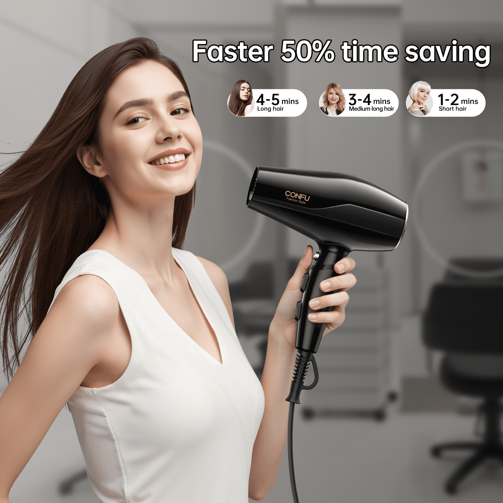 CONFU Ionic Ceramic Hair Dryer, with Diffuser & 2 Concentrator, Black