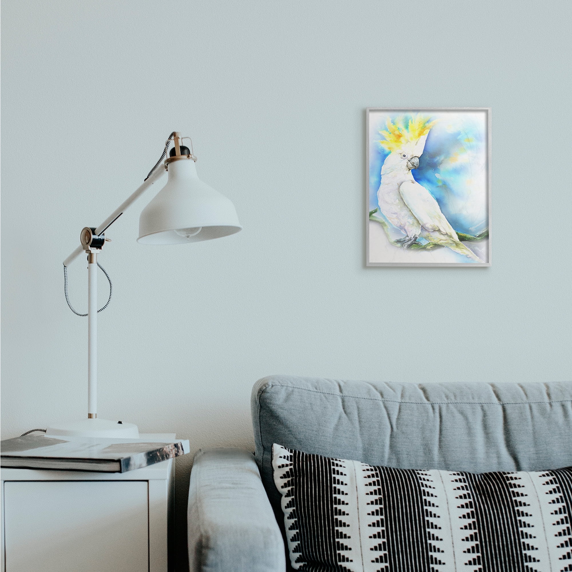 Stupell Industries Cockatoo Bird on Branch Over Vibrant Blue Grey Framed, 11 x 14, Design by George Dyachenko