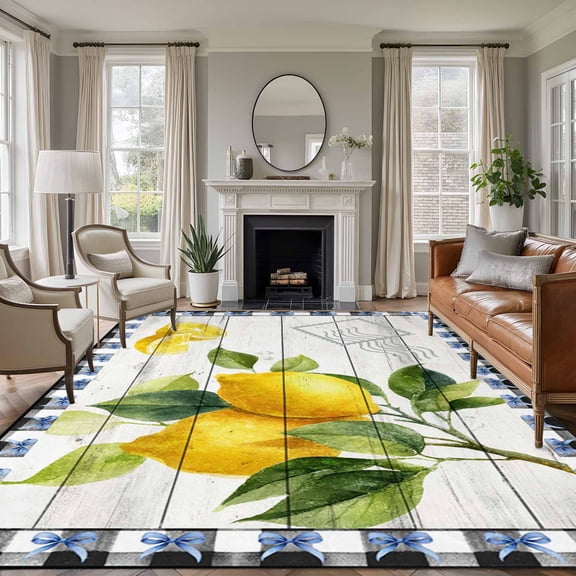 Large Area Rugs for Living Room Bedroom, Yellow Lemon 6'x9' Rug Washable Carpet Runner Indoor Outdoor, Wooden Summer Botanical Black White Checkered Non Slip Floor Mats Rug for Kitchen, Playroom