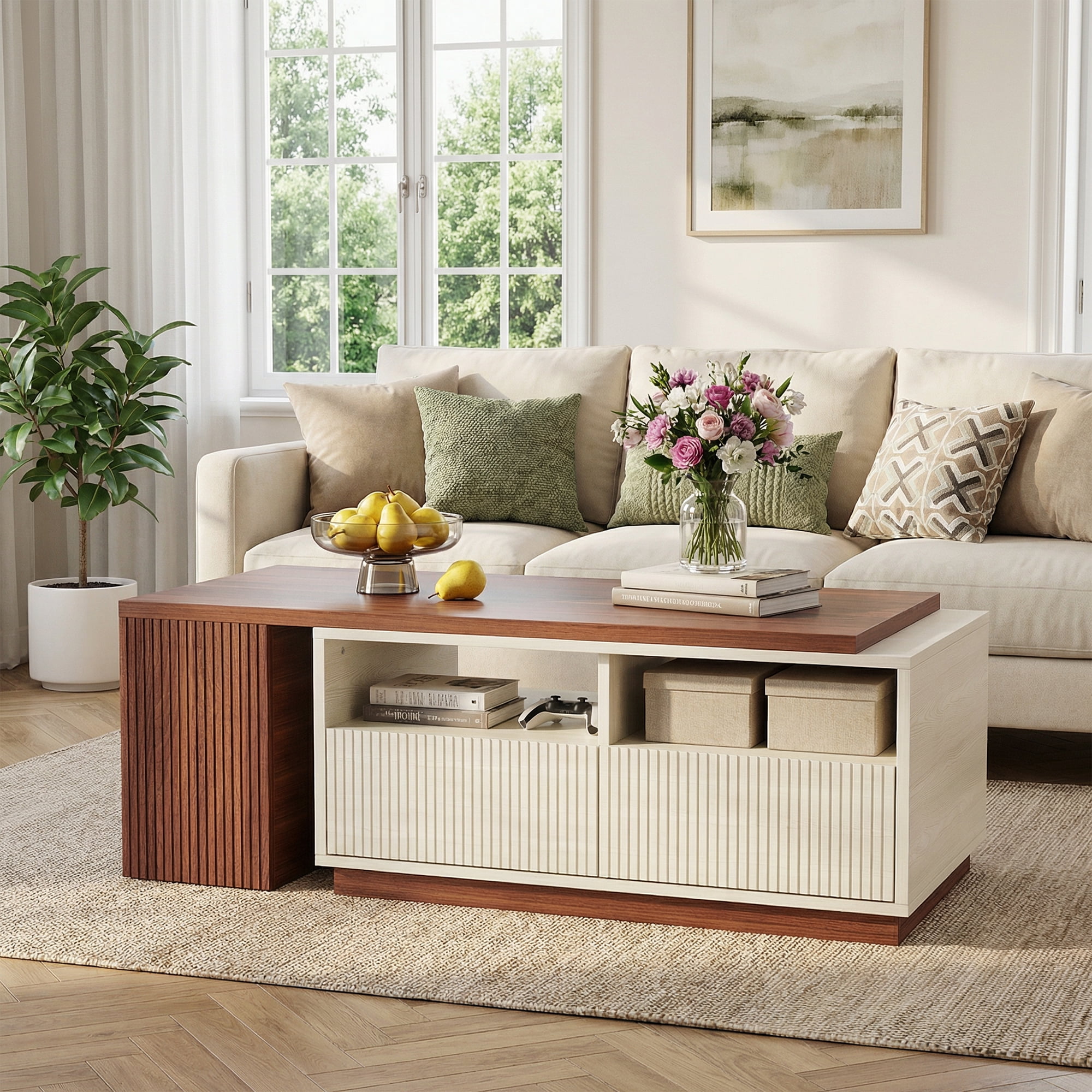 MAYEETY Extendable Coffee Table Reversible Tabletop with 2 Drawers Living Room Center Table