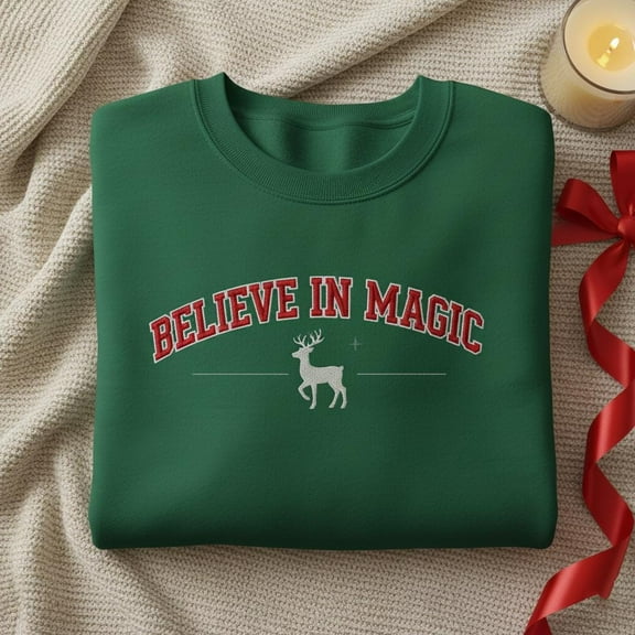 Believe In Magic Embroidered Crewneck, Minimalist Reindeer Christmas Sweatshirt, Holiday Jumper, Winter Wonderland Gift