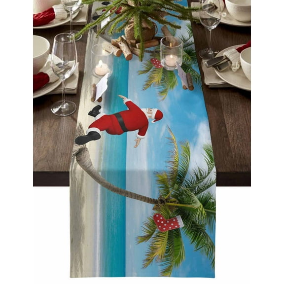 ERUNPONLY Coastal Christmas Santa Table Runner - 108 Inch Long Xmas Stocking Palm Tree Beach Cotton and Linen Blended Dress Scarves Farmhouse Table Runner for Kitchen Dining, Coffee Table, 13" x 108"