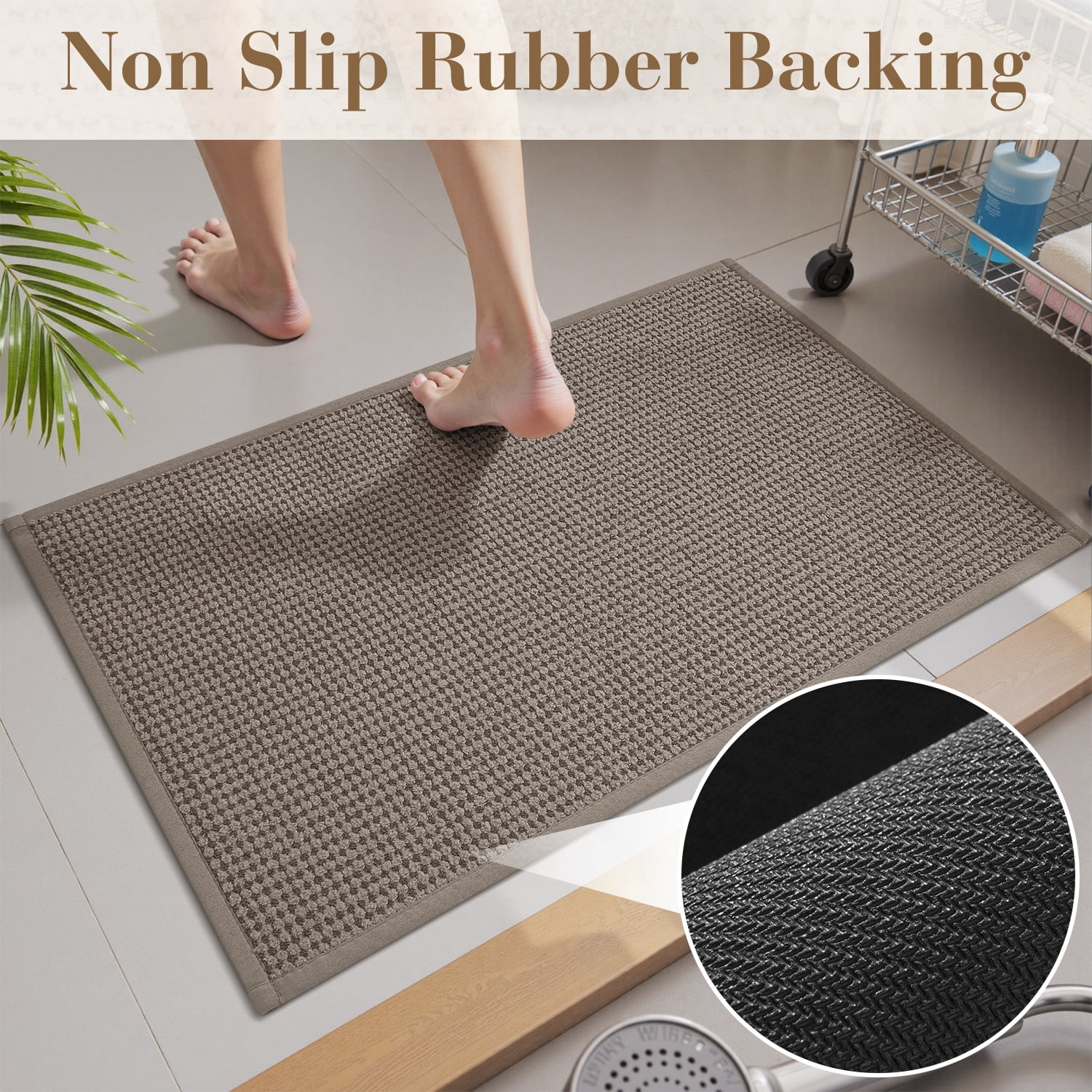 FEELHOME Bathroom Rug Non Slip Absorbent Bath Mat Woven Quick Dry Machine Washable Bathroom Mat with Rubber Backing Ultra Thin Bathroom Rugs Fit Under Door 24"x35" Brown