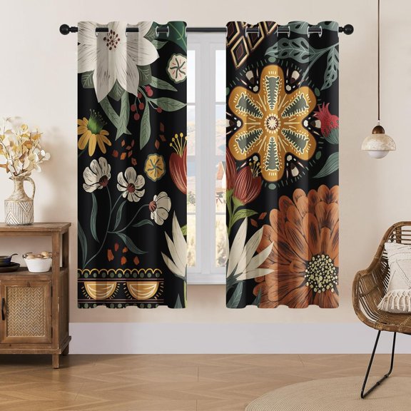 Boho Floral Blackout Curtains for Bedroom Windows, Plant Leaves Print Curtains for Living Room, Black Bohemian Dining Room Curtain Draperies 2 Panel Sets, 52" X 63"