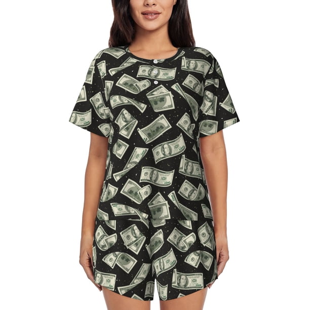 Fotbe Dollar Conjunto de Pijama Estampado para Mujer, 2 Piezas, Ropa de Dormir con Camiseta de Manga Corta y Shorts Suaves-Large