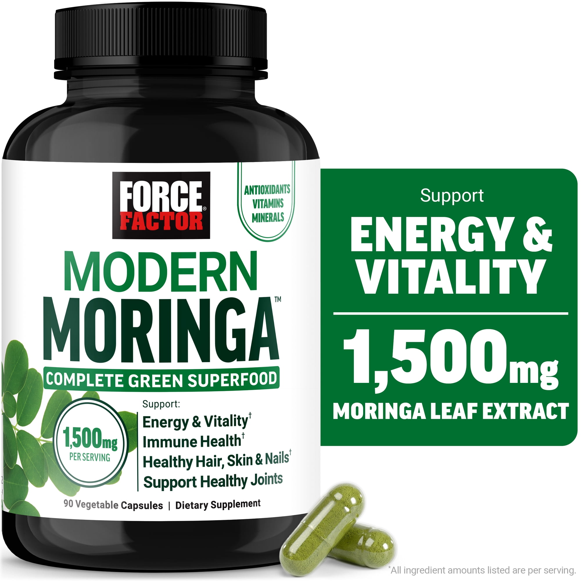 Force Factor Modern Moringa Capsules, Complete Green Superfood to Support Energy, Immune Health, and Hair, Skin & Nails with Vitamins D, B6, B12, Biotin & Antioxidants, 90 Capsules