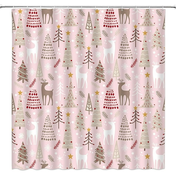 Christmas Shower Curtain Pine Tree Deer Reindeer Snowflake Winter Holiday Xmas Festival Wildlife Beige Pink Bathroom Home Curtain with Hooks,70x70 Inch