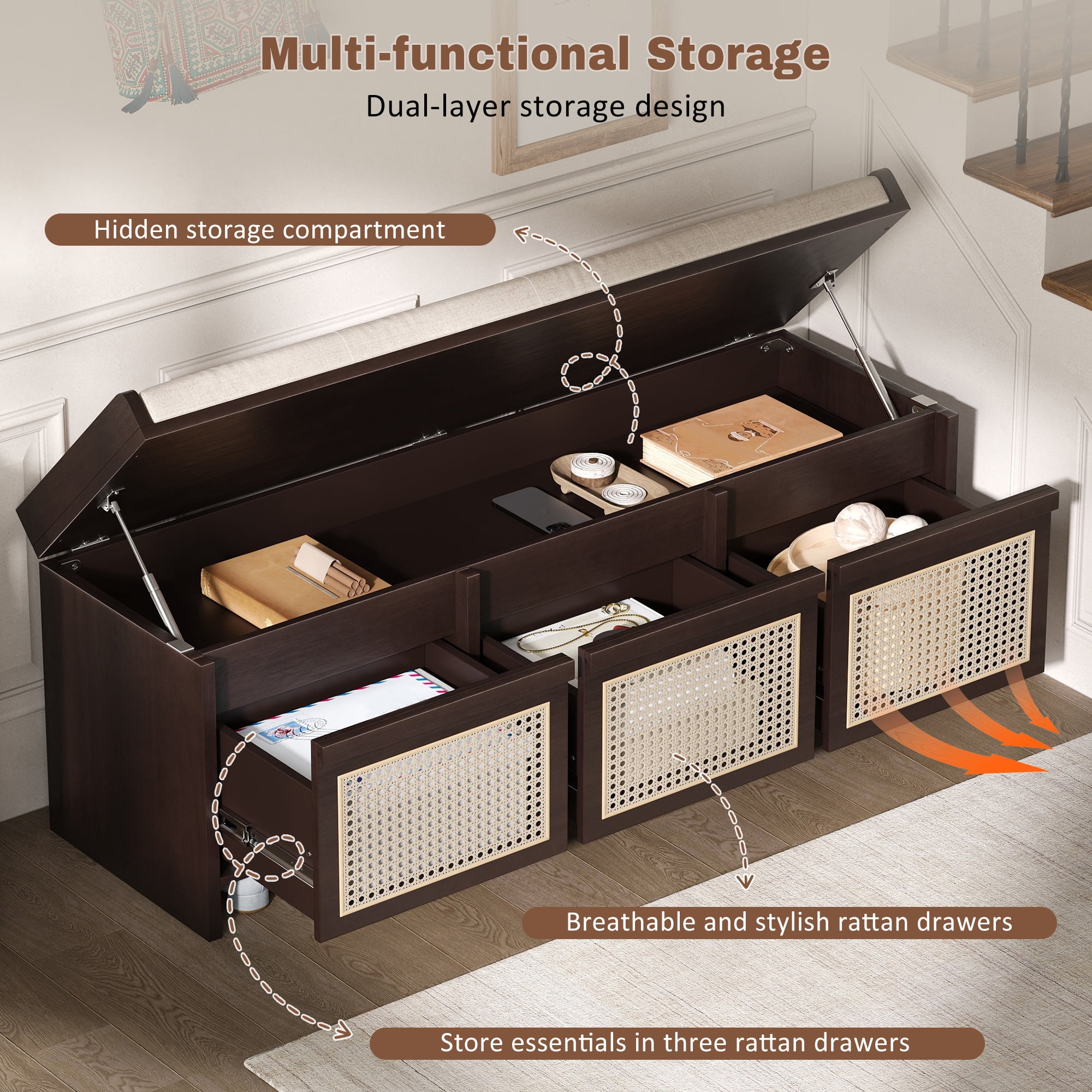 Euroco 48" Shoe Storage Bench, Retro Entryway Bench with 3 Rattan Drawers,Lift Top Storage & Removable Upholstered Cushion,Wooden Shoe Rack Bench for Living Room, Hallway, Foyer,Espresso