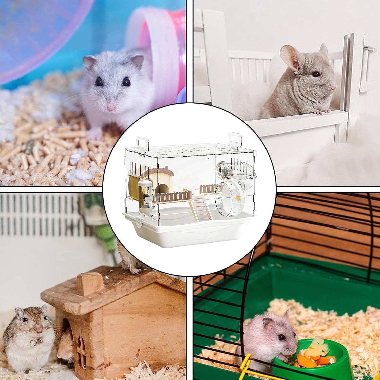 Acrylic Hamster Cage with Wooden Wheel, Clear Double Layer, for Hamsters Mice Gerbils