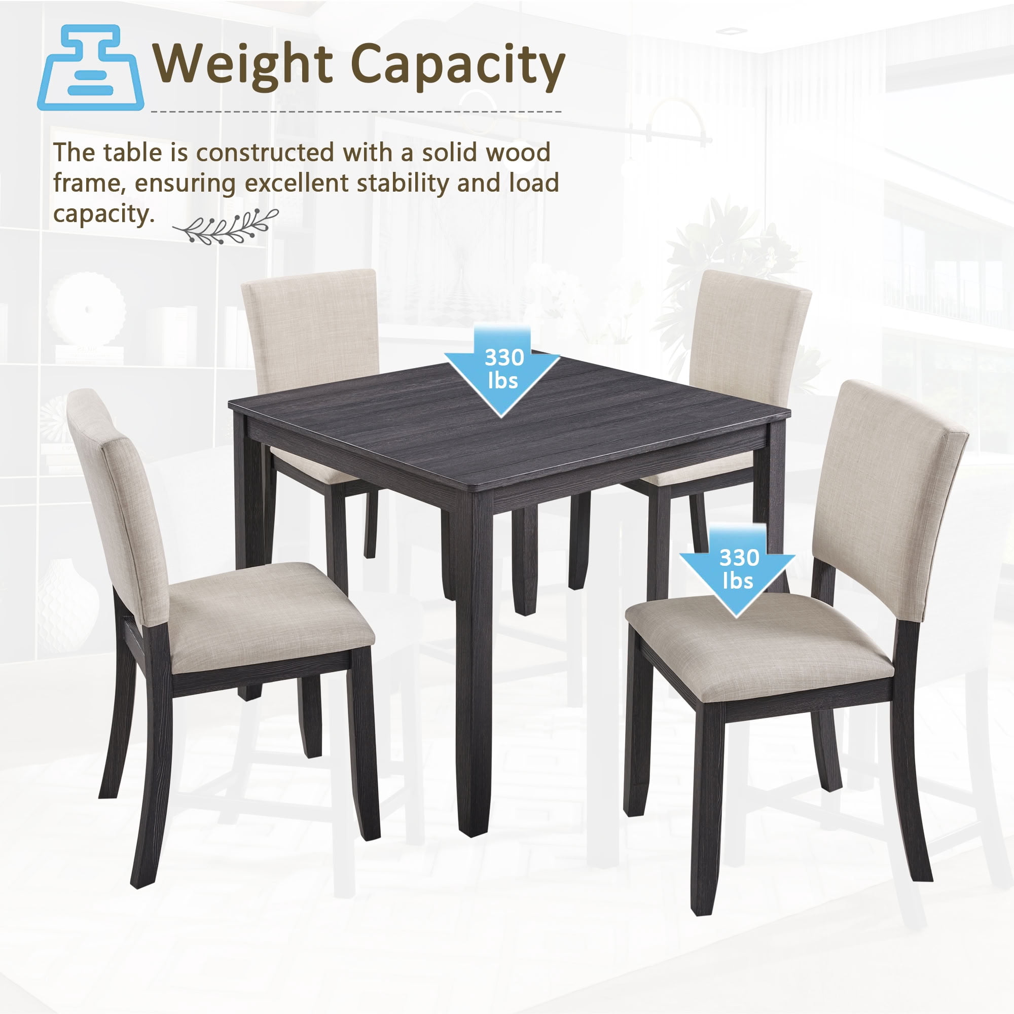 MAYEERTY 5-Piece Modern 4-Person Dining Table Set with 4 Chairs, Wooden Dining Set for Kitchen Dining Room Living Room